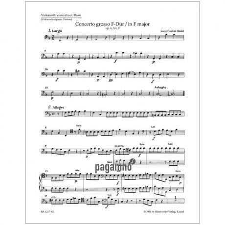 Händel, G. F.: Concerto grosso Op. 6/9 HWV 327 F-Dur – Stimmen cello (solo) / contrabas